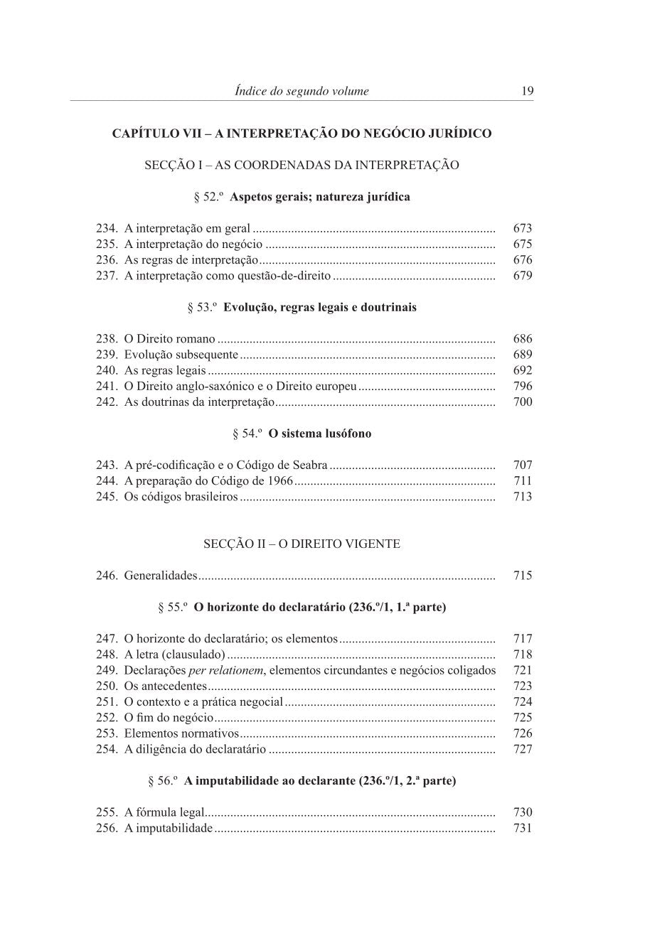 Página do índice: capítulo VII, interpretação do negócio jurídico, volume II