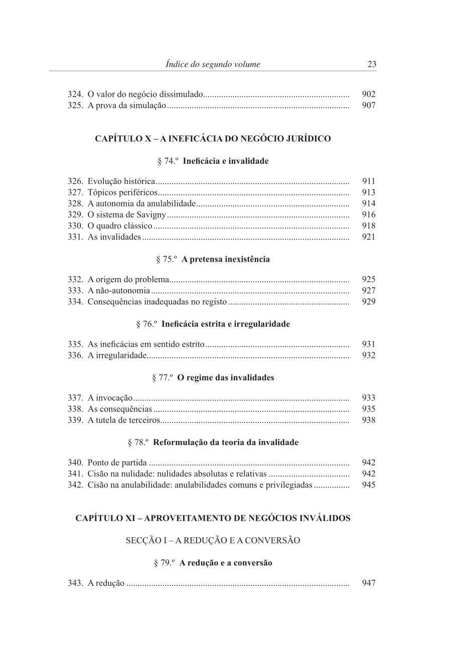 Página do índice: capítulo X, ineficácia do negócio jurídico, volume II
