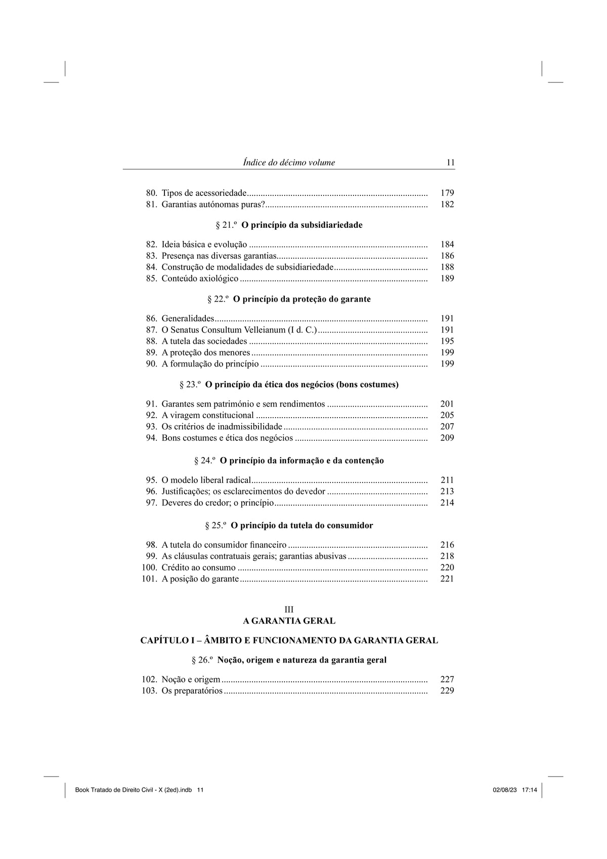 Página de conteúdo do livro com secções e itens numerados, formato de listas.