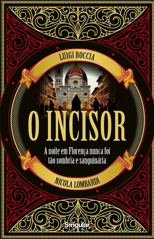 Capa de livro O Incisor, com ilustração de igreja e moldura ornamental vermelha