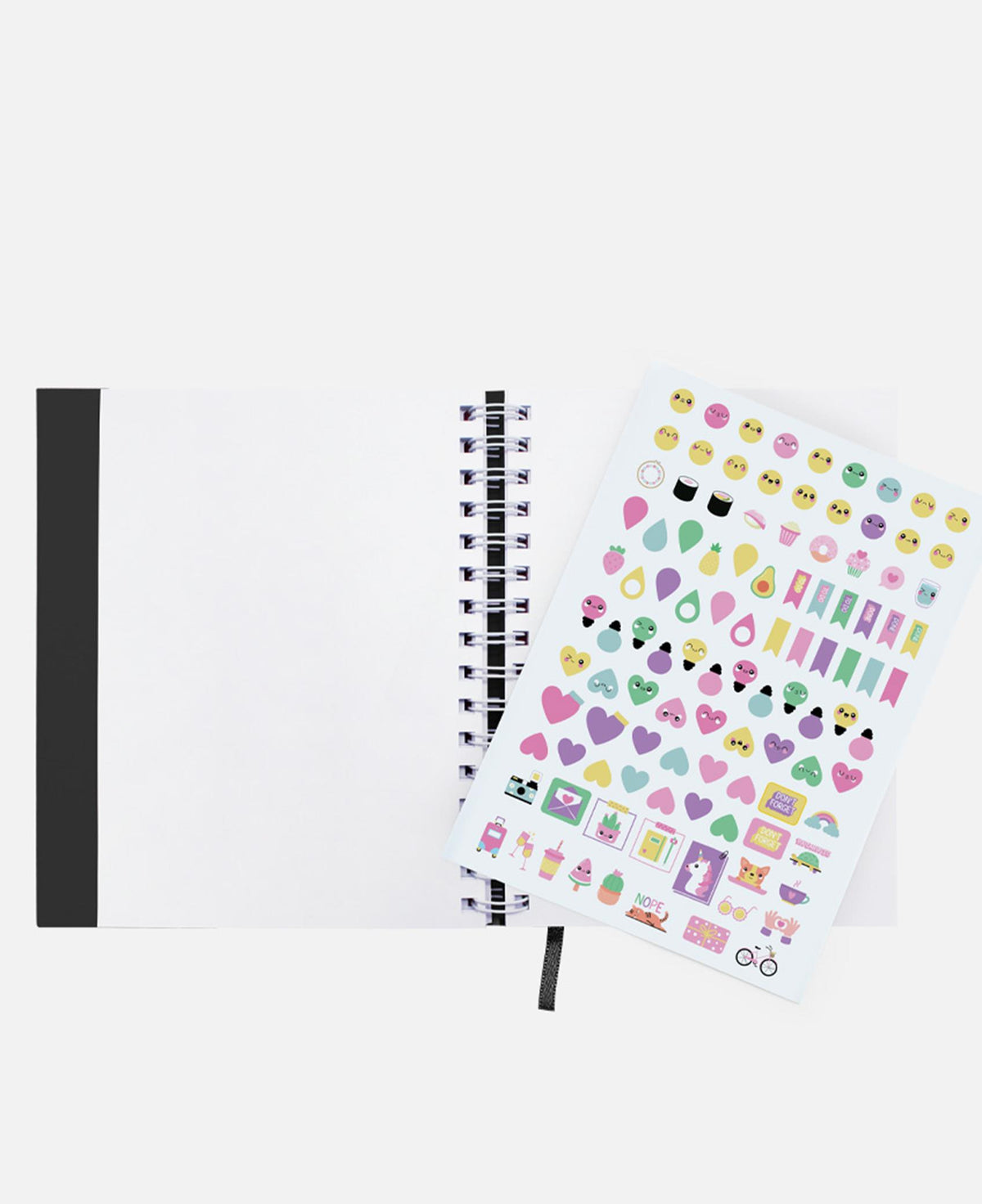 Agenda semanal com capa branca e faixa preta, fecho em espiral e autocolantes coloridos