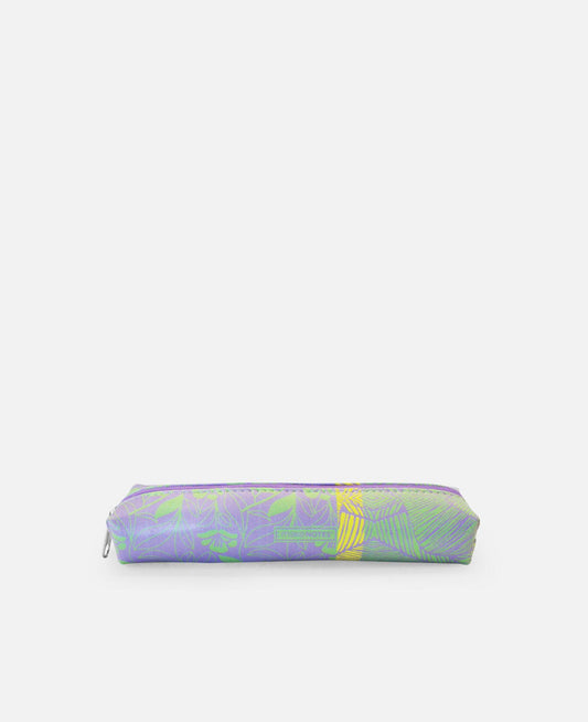 Estojo retangular pequeno com fecho éclair e padrão floral em verde e lilás