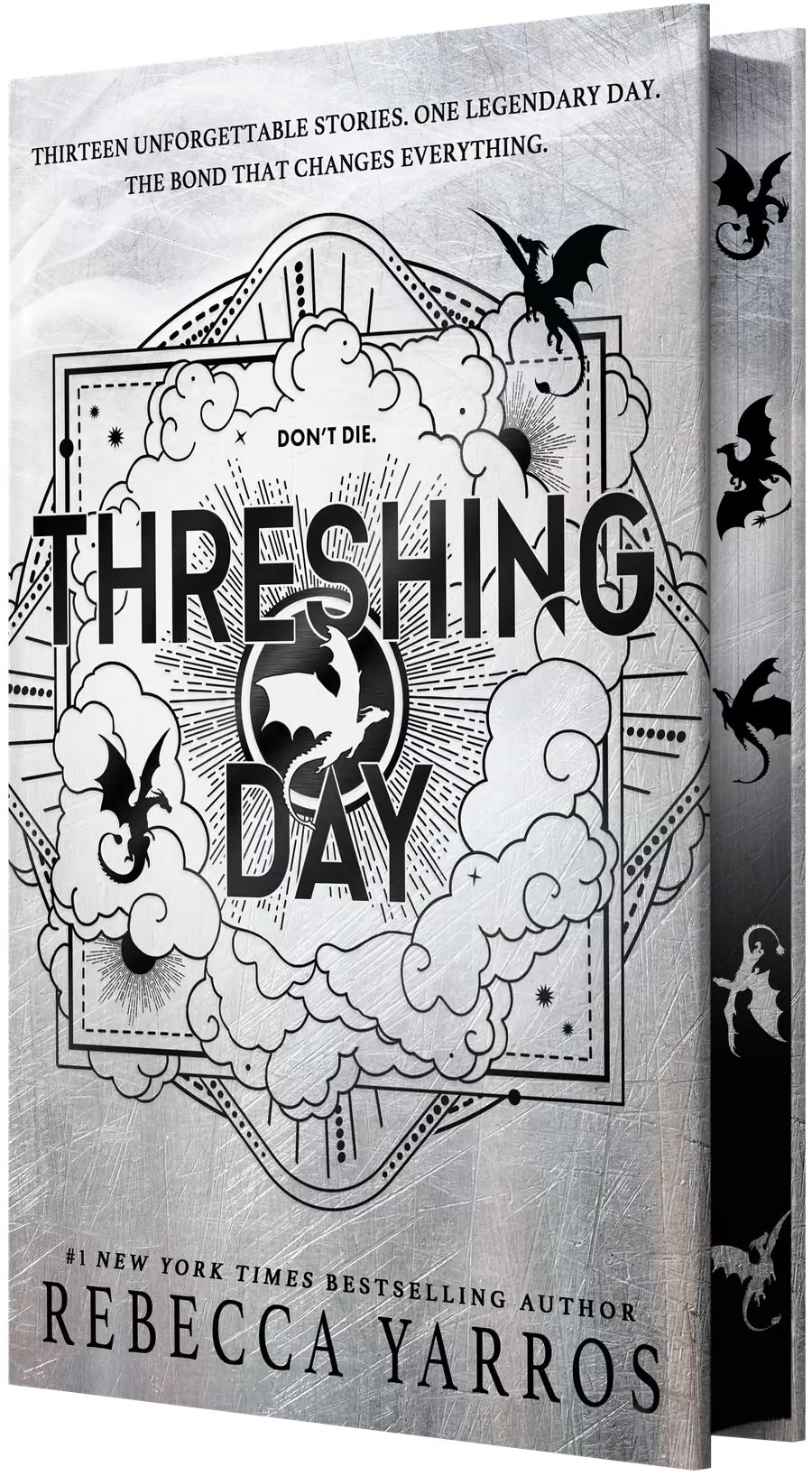 Livro de capa dura com ilustração a preto e branco e título “Threshing Day”