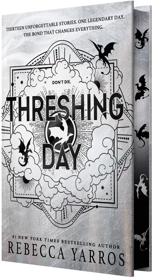 Livro de capa dura com ilustração a preto e branco e título “Threshing Day”