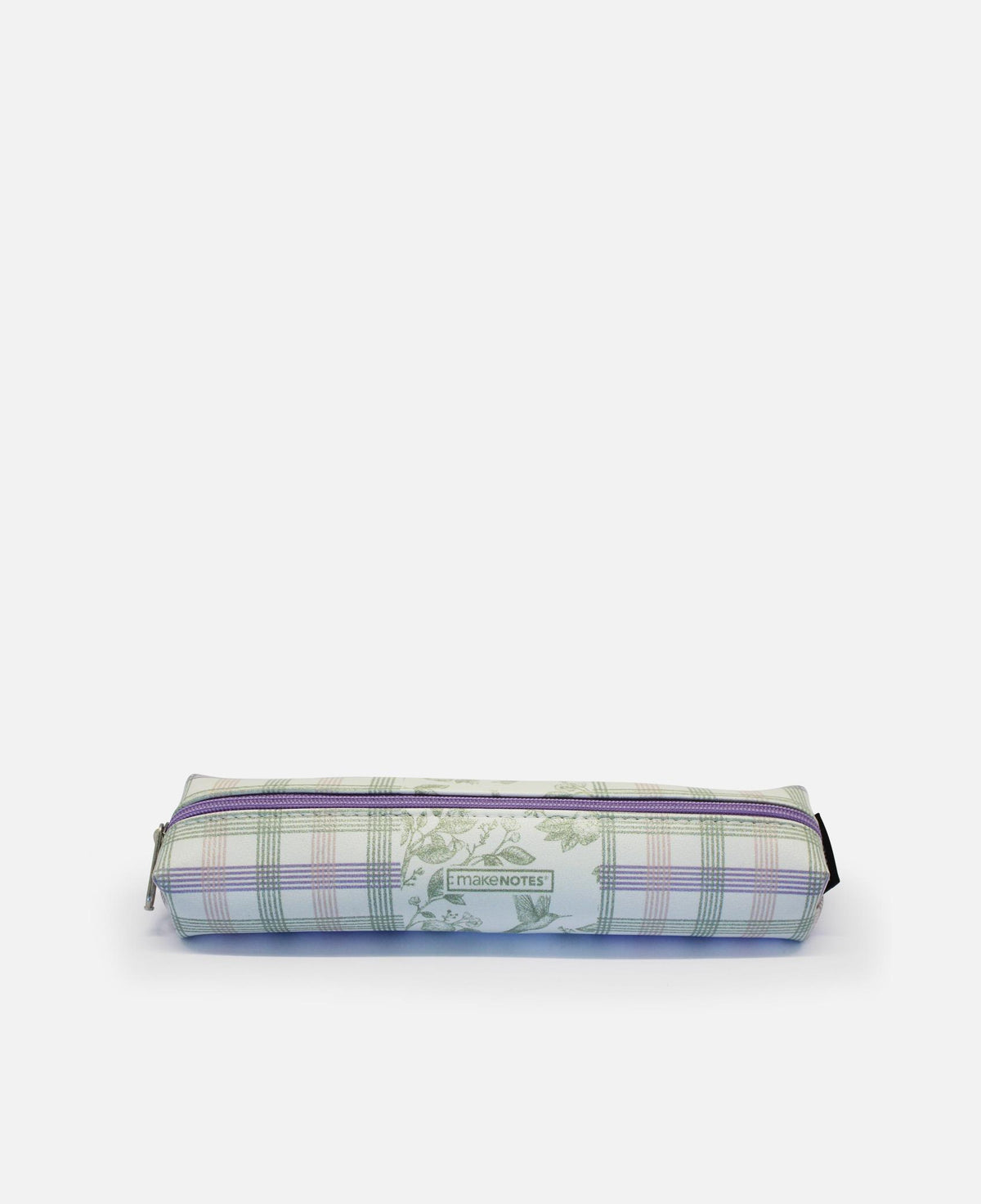 Estojo retangular pequeno com fecho éclair; padrão xadrez verde-azul e ilustração de colibri