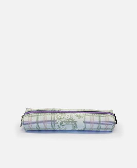 Estojo retangular pequeno com fecho éclair; padrão xadrez verde-azul e ilustração de colibri