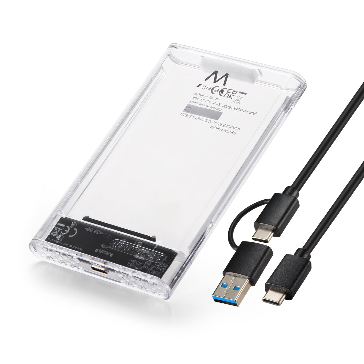 Caixa externa USB-C para disco SATA de 2,5" em estojo transparente, com cabos USB-C e USB-A