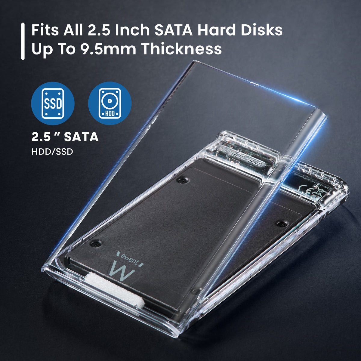 Caixa externa para disco SATA de 2,5" com design sem parafusos e estojo transparente