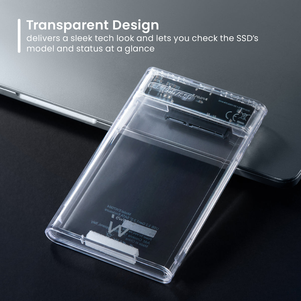 Caixa externa USB de 2,5" SATA com tampa transparente e conetor interno visível