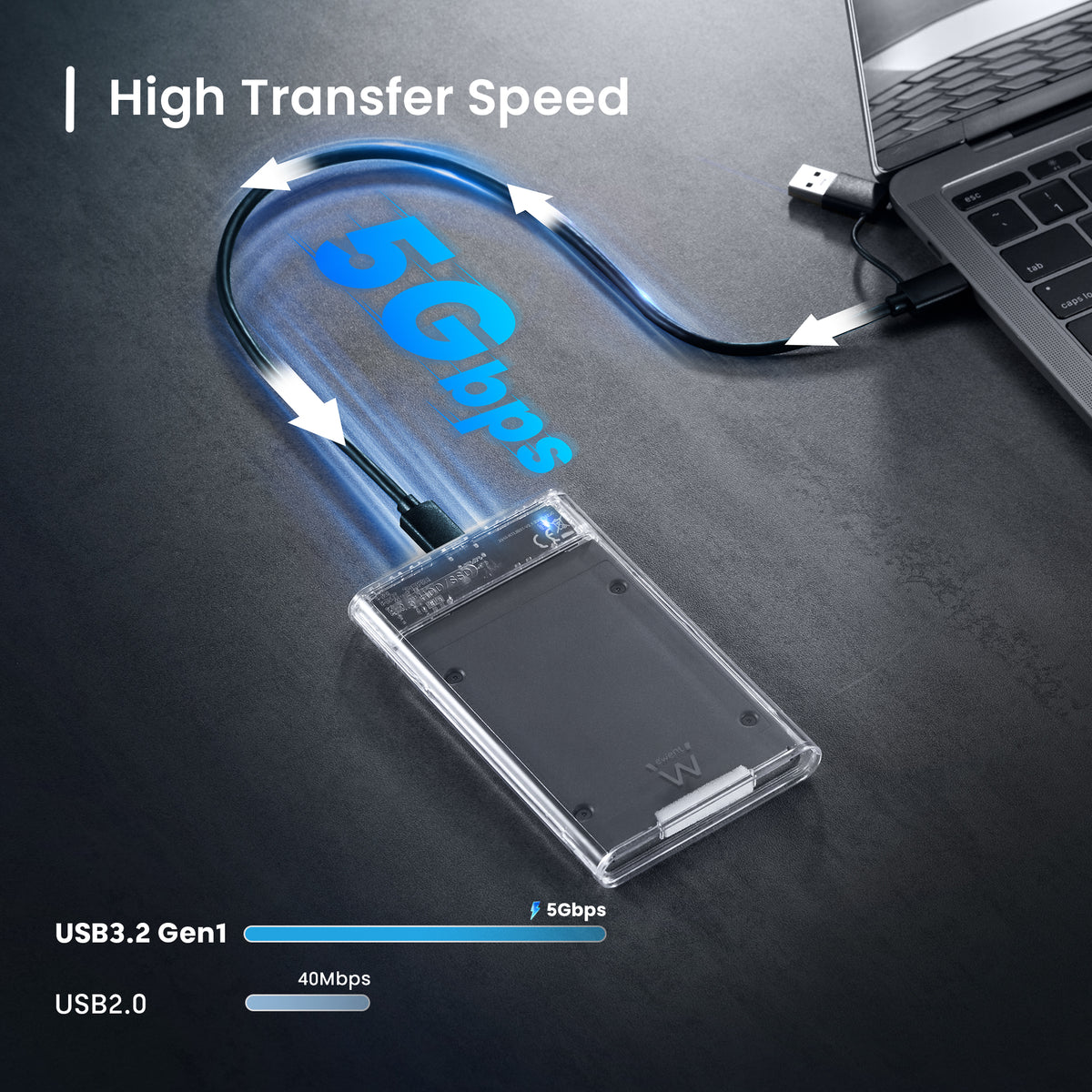 Caixa externa USB 2,5" SATA transparente com cabo USB e ligação USB 3.2 Gen1