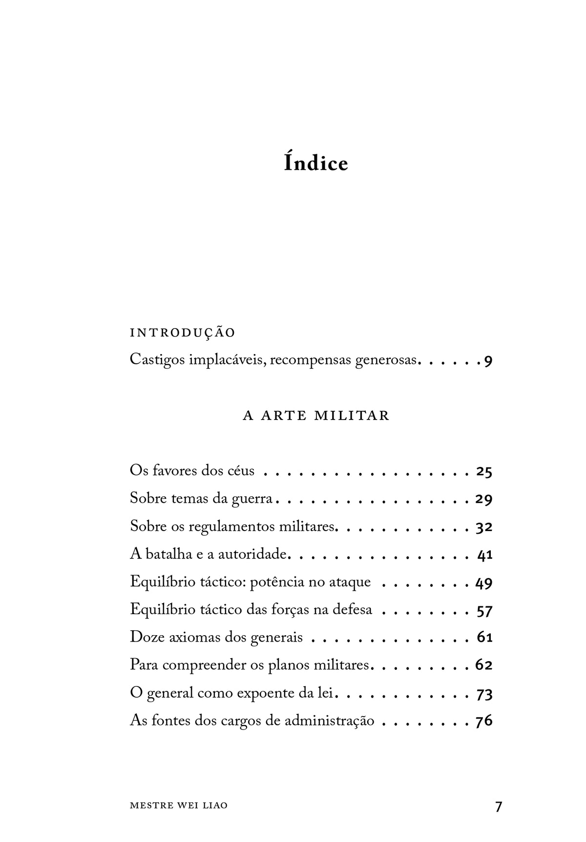 Livro, página de índice com secções e números de página alinhados