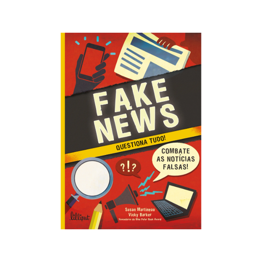 Capa do livro Fake News: Questiona Tudo! com ilustrações dinâmicas sobre desinformação - trade by cda