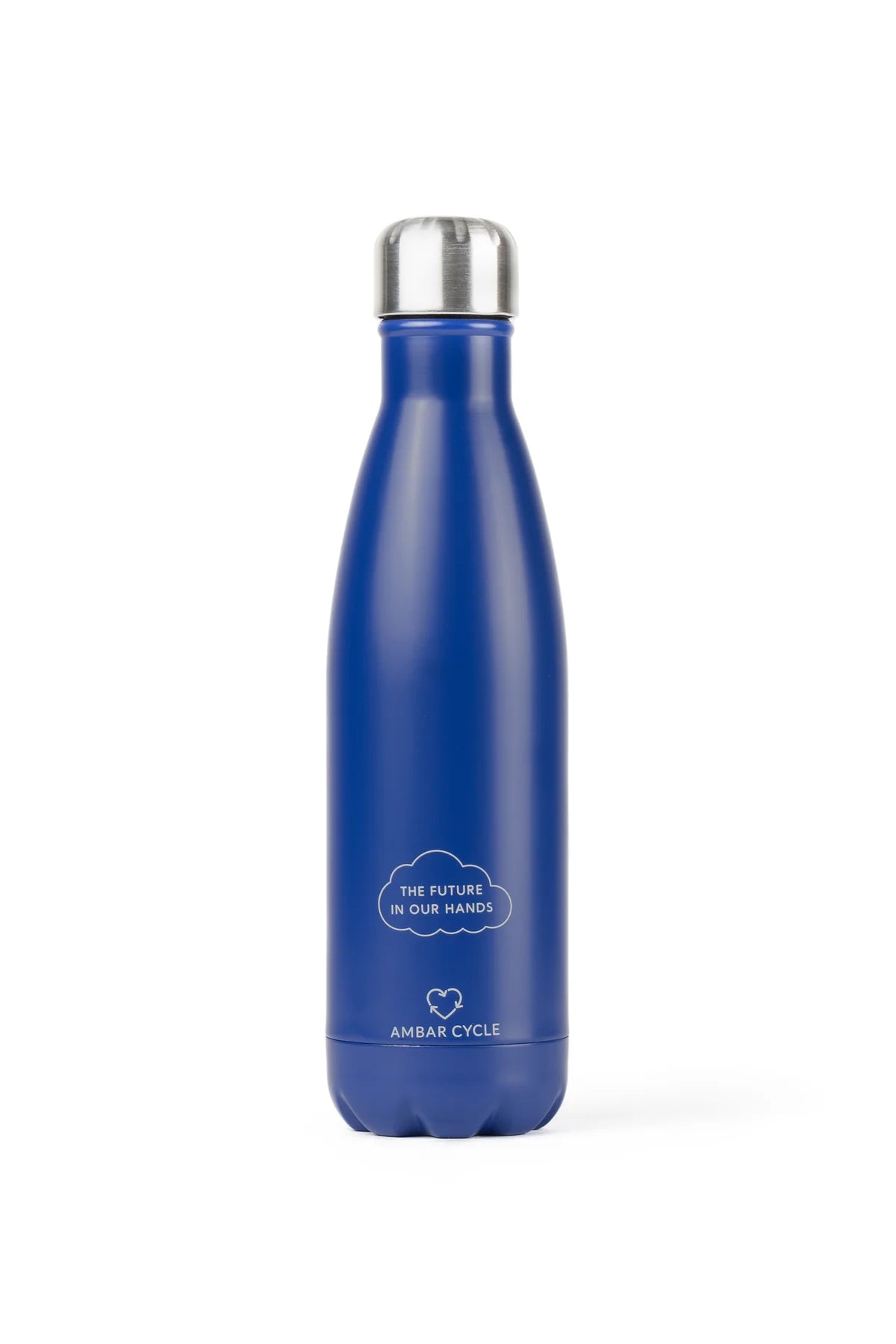 Garrafa térmica azul escuro com tampa metálica, corpo liso.