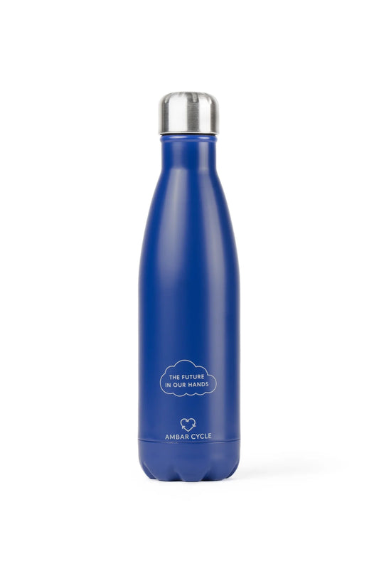 Garrafa térmica azul escuro com tampa metálica, corpo liso.
