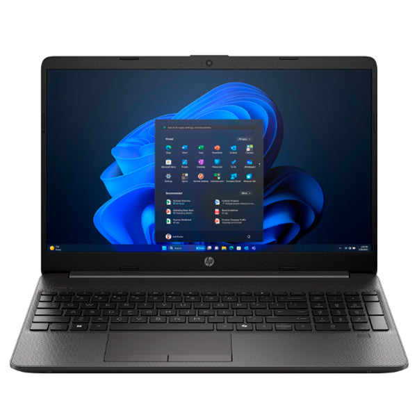 Portátil HP 250R G9 aberto de cor cinza escuro, exibindo o ambiente de trabalho do Windows 11 no seu ecrã de 15.6 polegadas com teclado numérico completo.