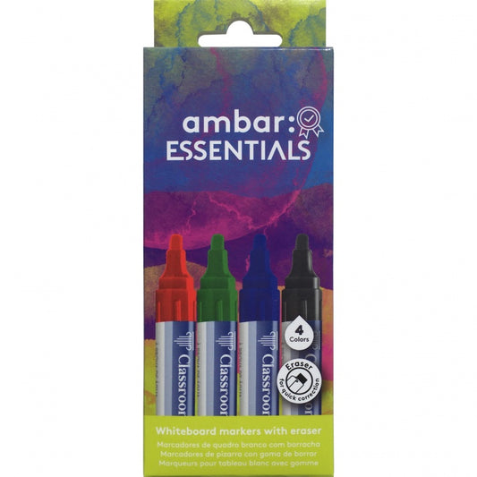 Conjunto de 4 marcadores para quadro branco com borracha, em estojo blister