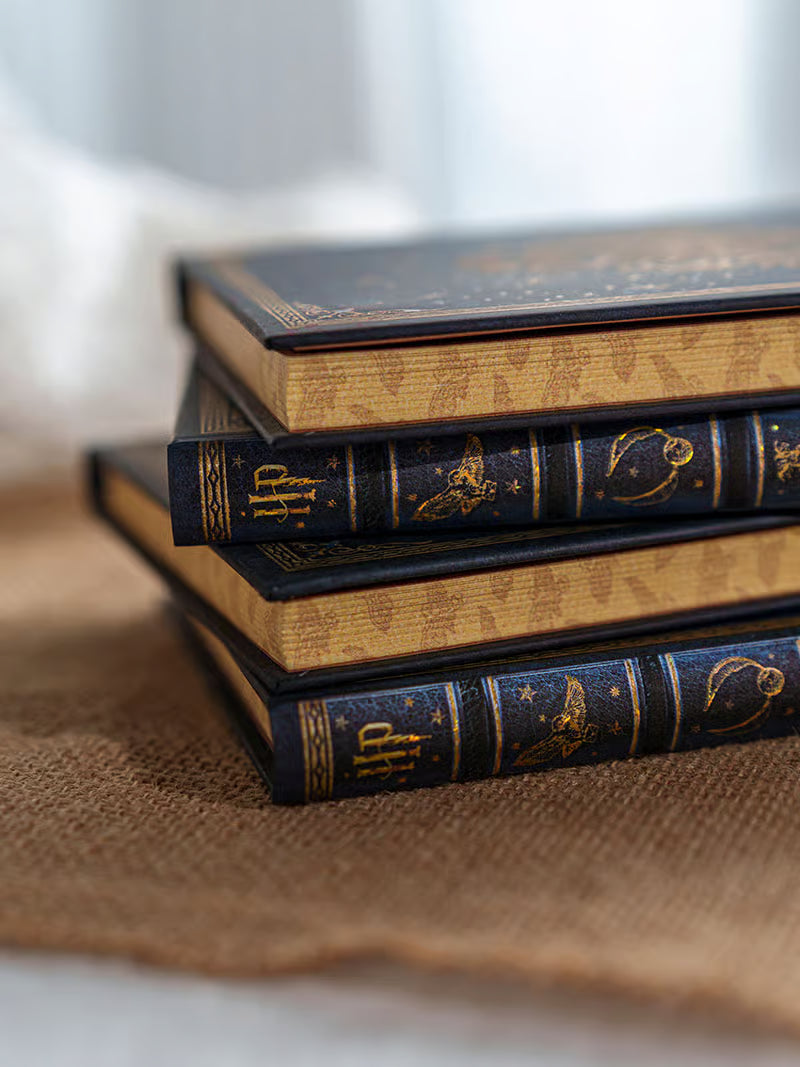 Conjunto de 2 agendas com capas azul-escura e detalhes dourados, empilhadas lado a lado.