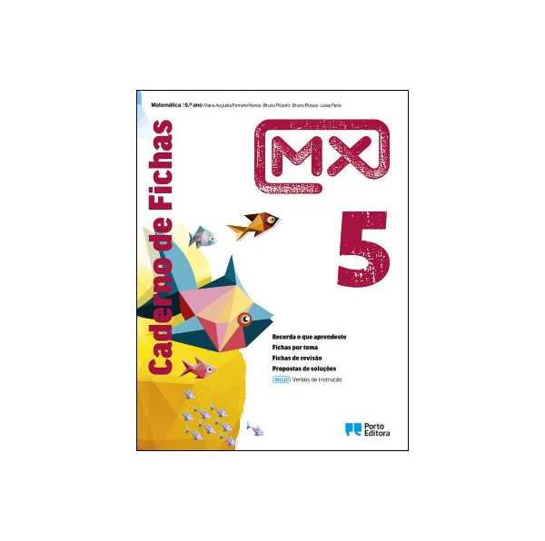 Caderno de fichas de Matemática MX 5.º ano, capa com peixe geométrico.