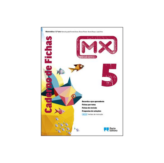 Caderno de fichas de Matemática MX 5.º ano, capa com peixe geométrico.