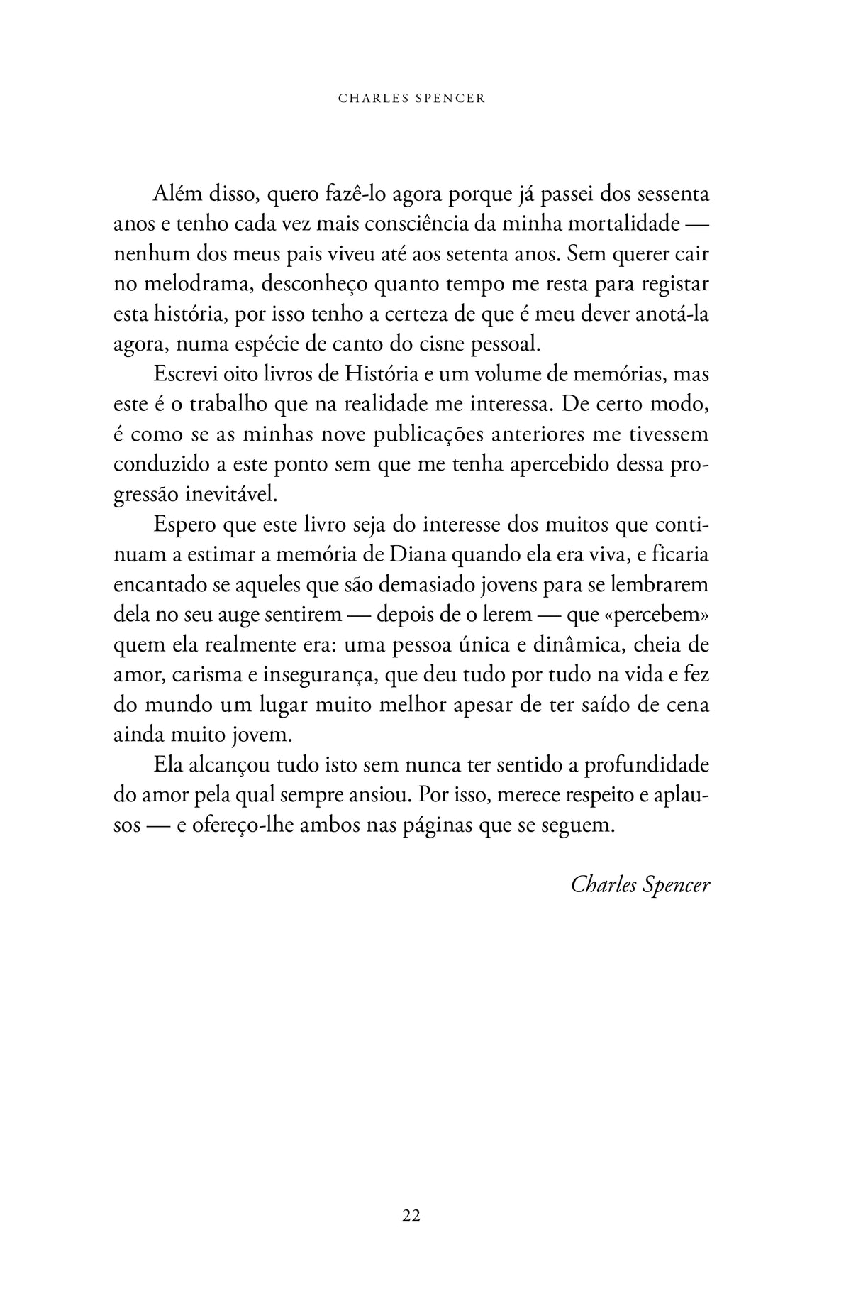 Última página de livro com texto impresso e assinatura Charles Spencer