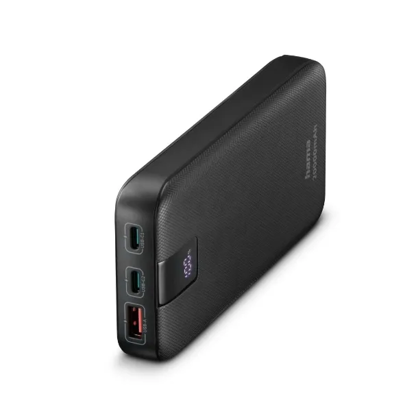 Power Bank Hama de 20000mAh modelo PD 20 em cor antracite, com duas portas USB-C e uma porta USB-A, apresentado sobre fundo branco.