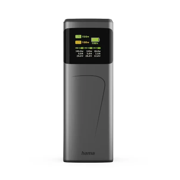 Power Bank High Power de 150W e 24000mAh com duas portas USB-C e uma porta USB-A, apresentado sobre fundo branco.