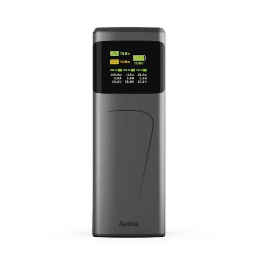 Power Bank High Power de 150W e 24000mAh com duas portas USB-C e uma porta USB-A, apresentado sobre fundo branco.
