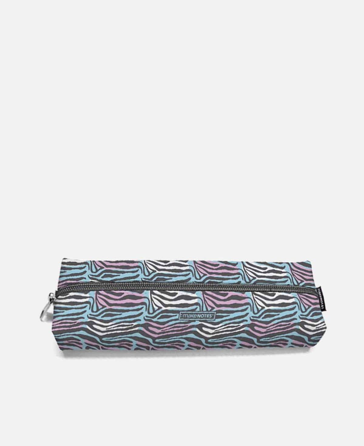 Estojo retangular grande com fecho de correr, padrão zebra roxo, azul e preto