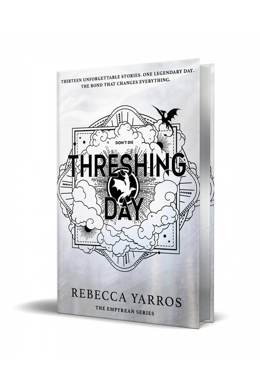 Livro Threshing Day de Rebecca Yarros, capa ilustrada a preto e branco.
