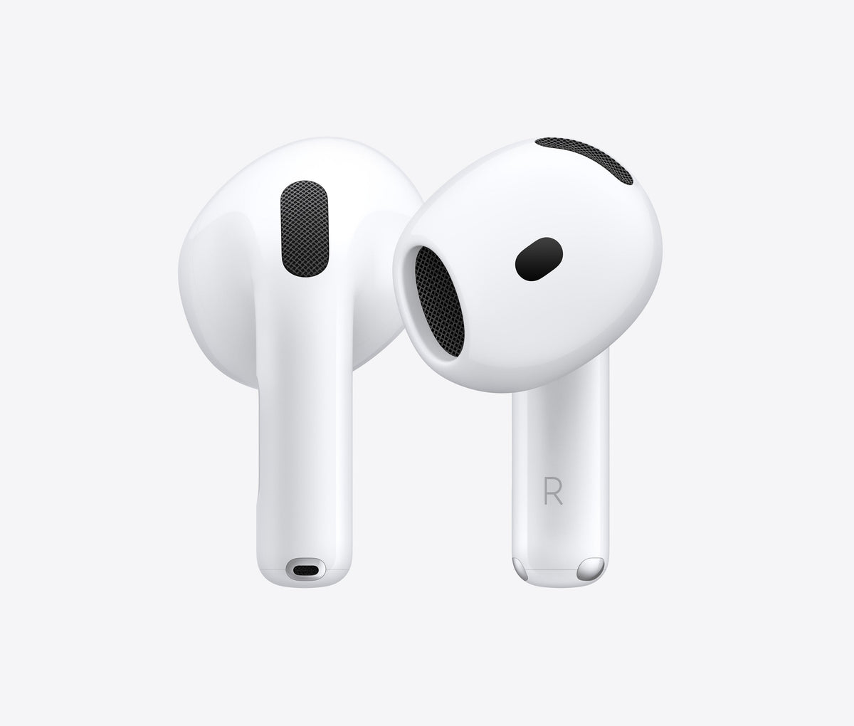 Auriculares Apple AirPods 4 sem fios brancos, pontas e grelha do altifalante
