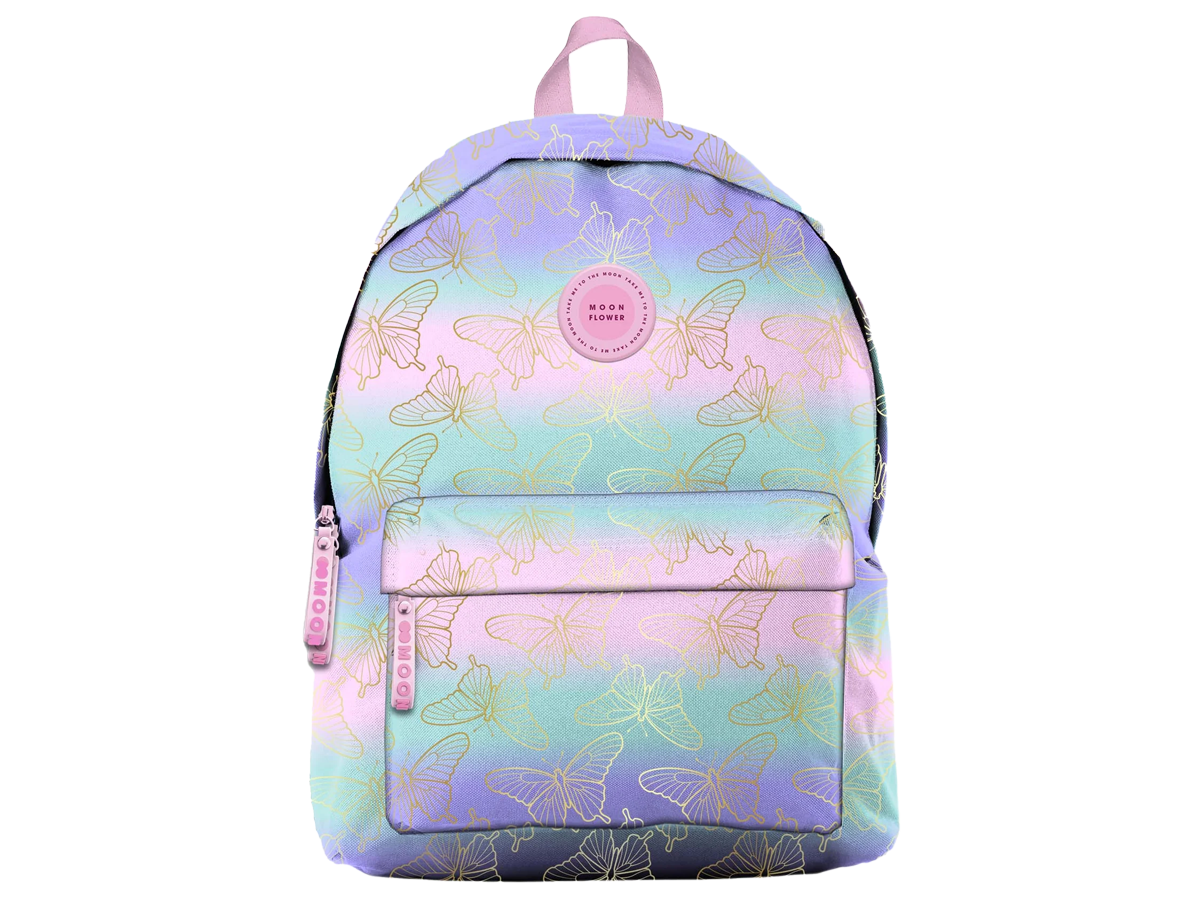 Mochila teen de padrão com borboletas pastel e bolsos frontais com fecho