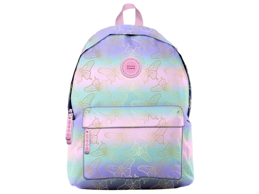 Mochila teen de padrão com borboletas pastel e bolsos frontais com fecho