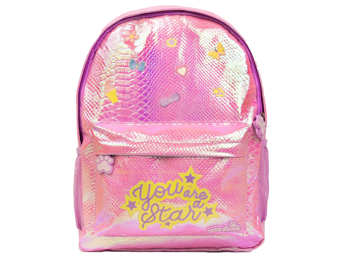 Mochila infantil rosa holográfica com estrelas e coração, fecho de correr e alças ajustáveis