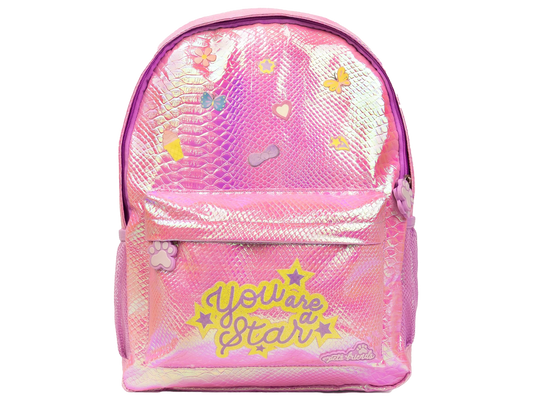 Mochila infantil rosa holográfica com estrelas e coração, fecho de correr e alças ajustáveis