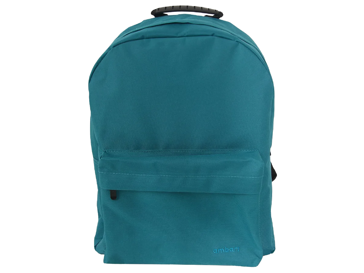 Mochila escolar azul-turquesa com bolso frontal e alça superior ajustável.