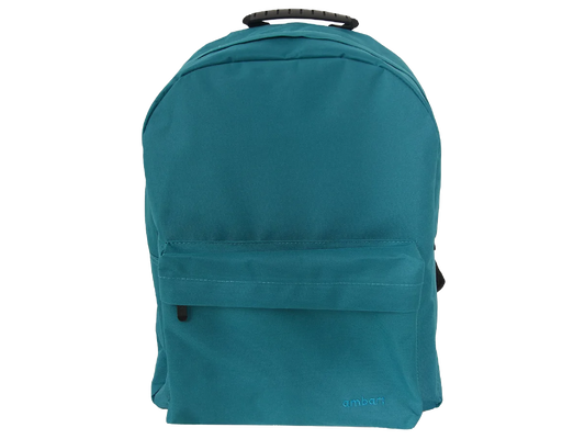 Mochila escolar azul-turquesa com bolso frontal e alça superior ajustável.