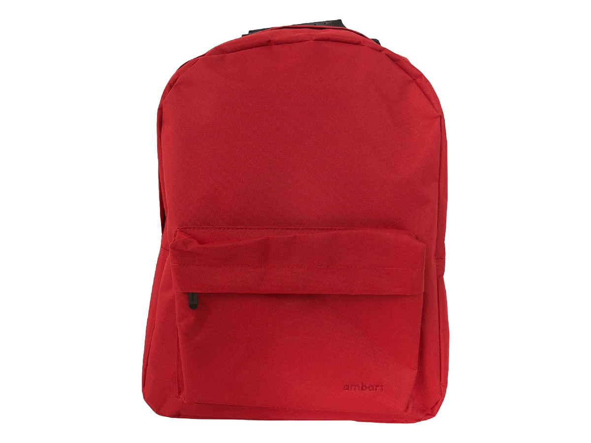 Mochila escolar vermelha com bolso frontal e logótipo pequeno na frente.