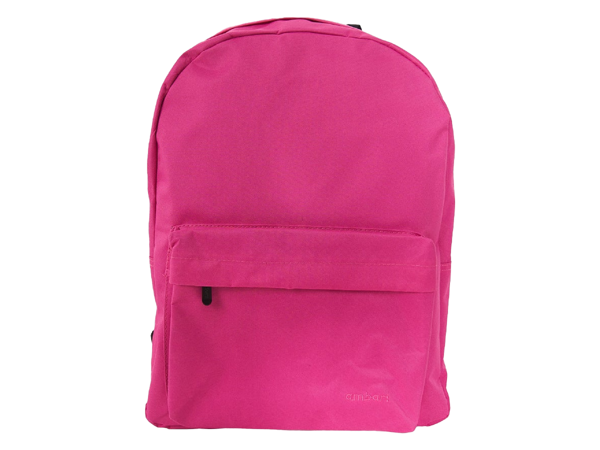 Mochila escolar rosa fúcsia com bolso frontal e fecho de correr.
