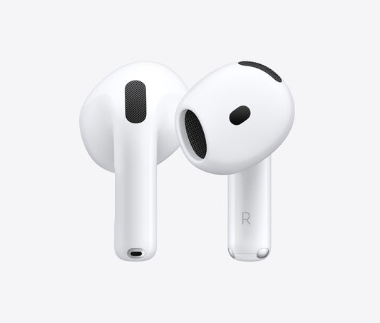 Auriculares Apple AirPods 4 sem fios brancos, pontas e grelha do altifalante