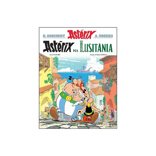 Capa da BD Astérix na Lusitânia com Astérix, Obélix e personagens lusitanos - trade by cda
