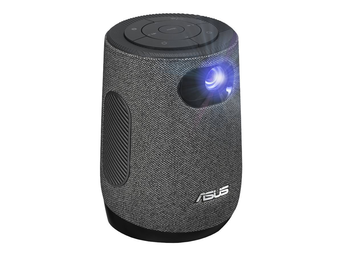 Projetor LED portátil ASUS ZenBeam Latte L1, corpo cinzento texturado e lente azul