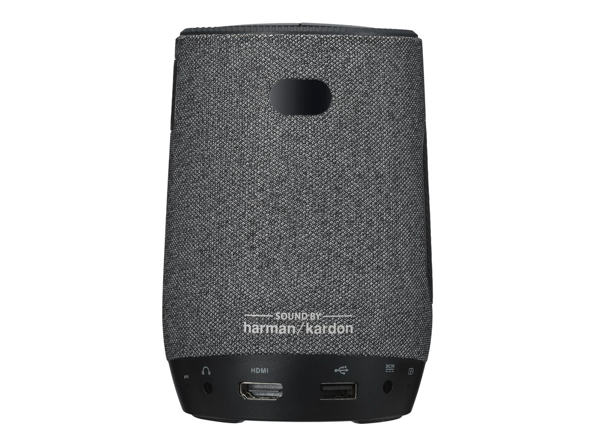 Projetor LED portátil ASUS ZenBeam Latte L1, traseira cinzenta com porta oval e harman/kardon