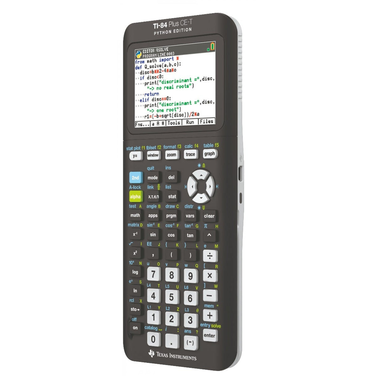 Calculadora gráfica Texas Instruments TI-84 Plus CE-T Python Edition, vista lateral e teclado