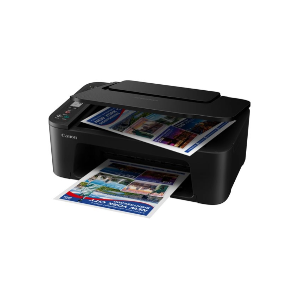 Impressora multifunções Canon PIXMA TS3750i preta com folhas impressas