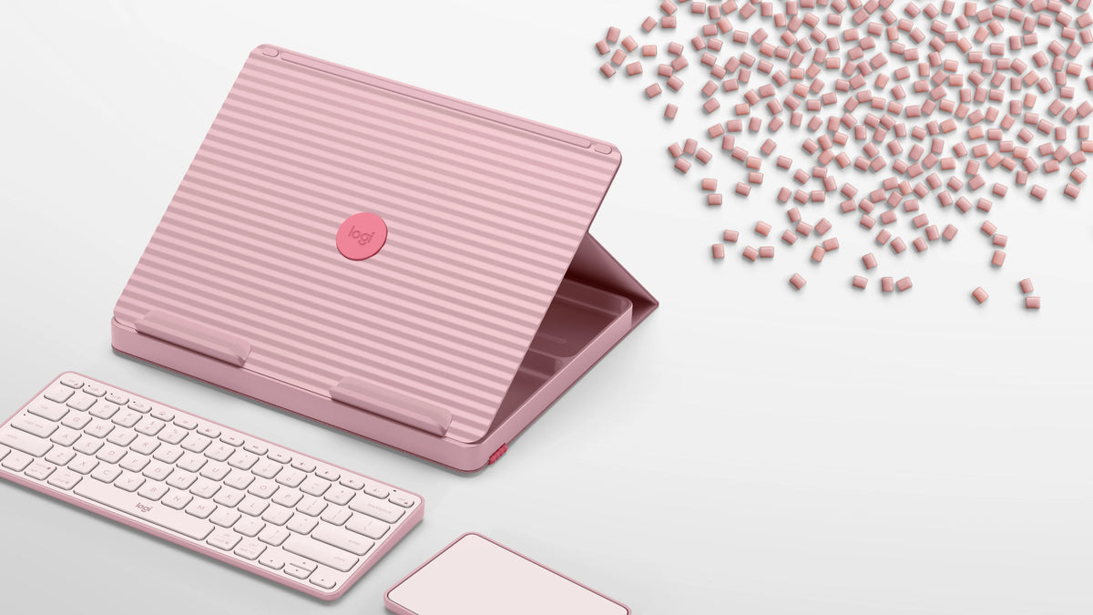Secretária pop-up dobrável com teclado e touchpad, em rosa