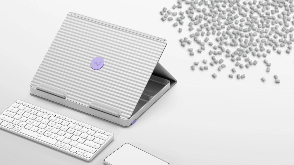 Secretária pop-up com teclado e touchpad integrados, acabamento cinzento