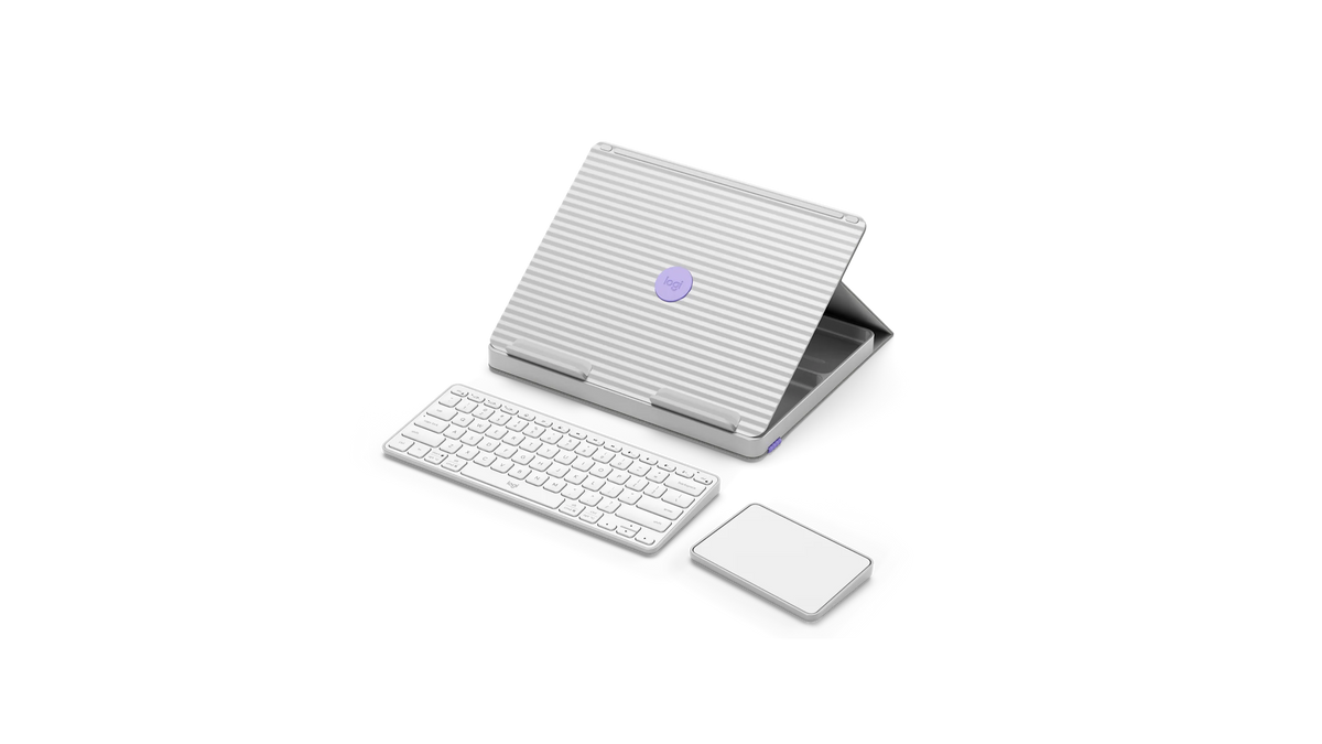 Secretária portátil pop-up com teclado e touchpad, em cinzento claro