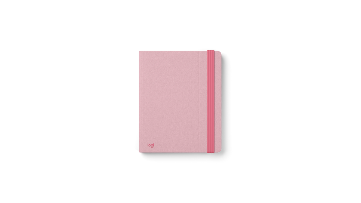 Secretária portátil pop-up rosa fechada, com capa rígida e bordas vermelhas