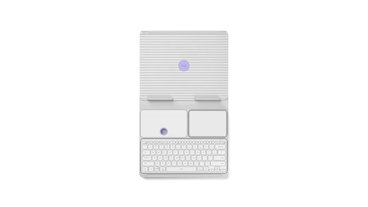 Secretária pop-up com teclado integrado e touchpad, vista frontal, cinzento