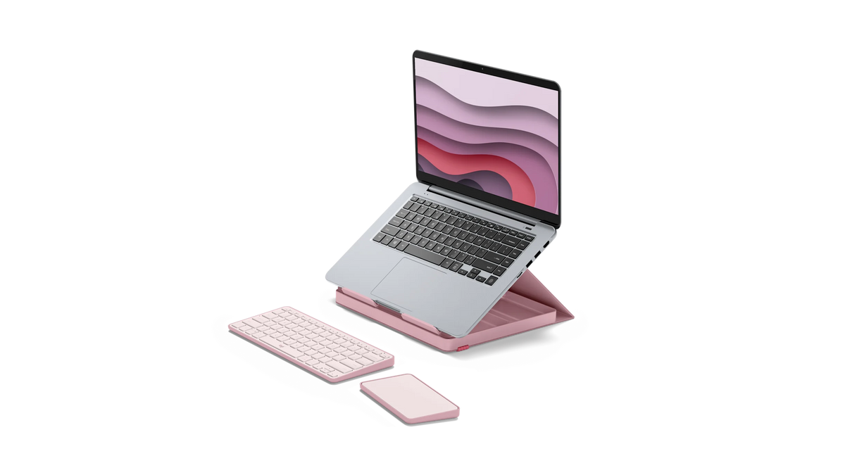Secretária portátil pop-up rosa com teclado e suporte dobrável para computador